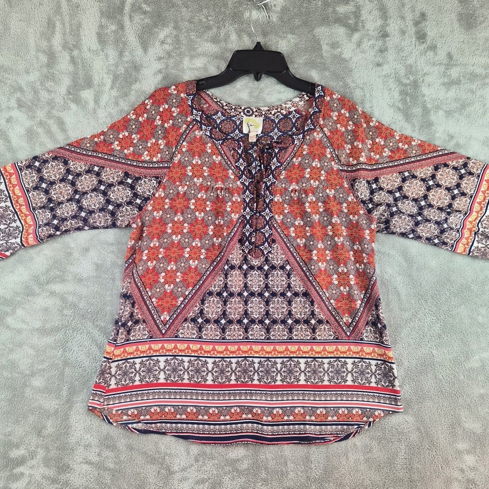 Fig And Flowers Top Womens XLP Petite Red Floral 3/4 Sleeve Boho Peasant Blouse